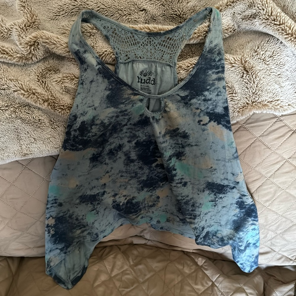Splatter Blue Tank Top with Lace Accent